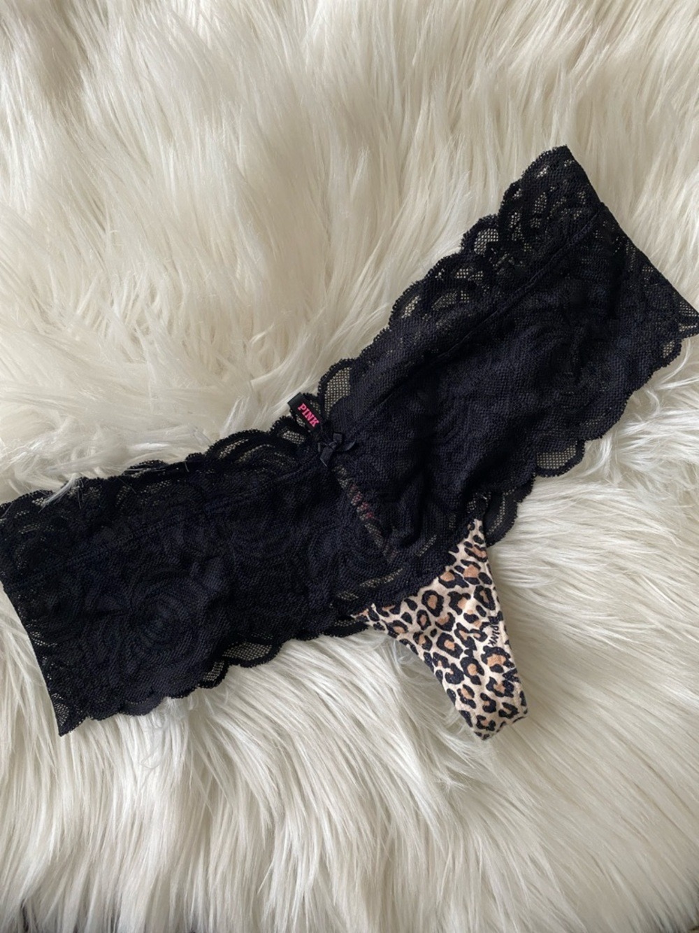 PINK Victoria's Secret Black Lace Thong with Leopard Print Front